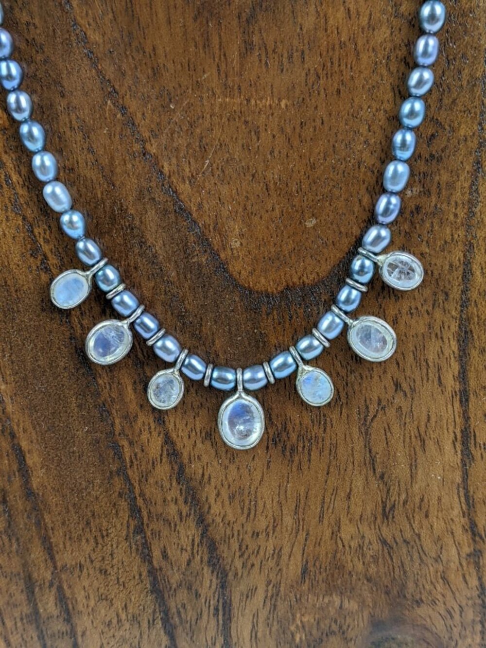 Iridescent Pearl & Moonstone Necklace Statement Vintage Teardrop - Picture 2 of 12